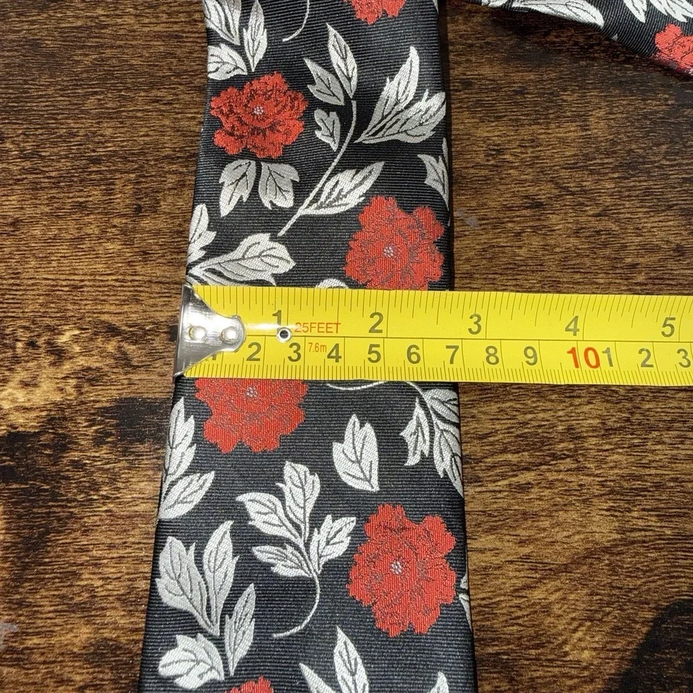 Hi-Tie Black Red Floral Tie Pocket‎ Square Set Mens Necktie Gray Leaf Slim